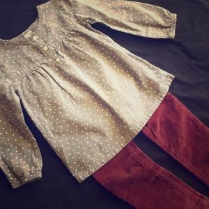 Grey Tunic with maroon corduroy skinny jeans